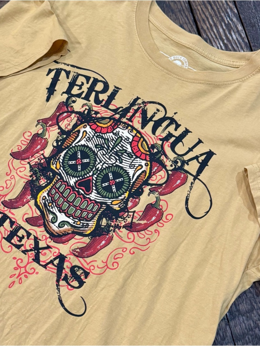 Terlingua Texas Skull Graphic Tee - Dia De Los Muertos T Shirt Mustard Yellow L